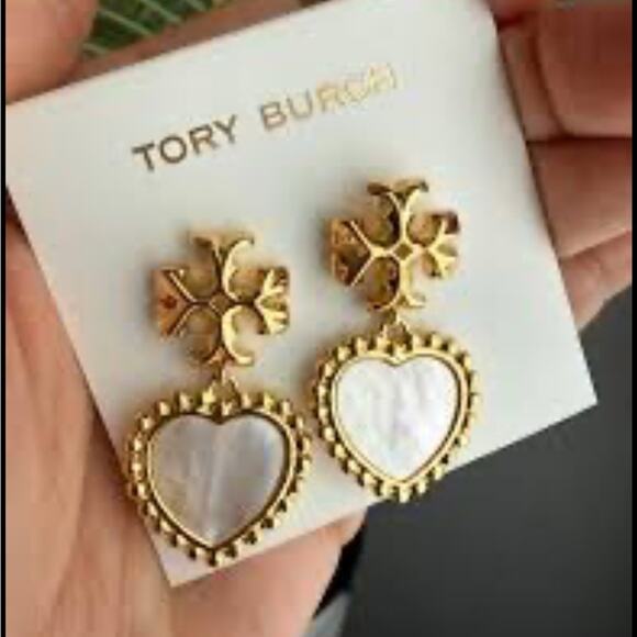 TORY BURCH ROXANNE MOTHER-of Pearl /GOLD 18k GOLD PLATED EARRINGS NWT - Picture 2 of 7